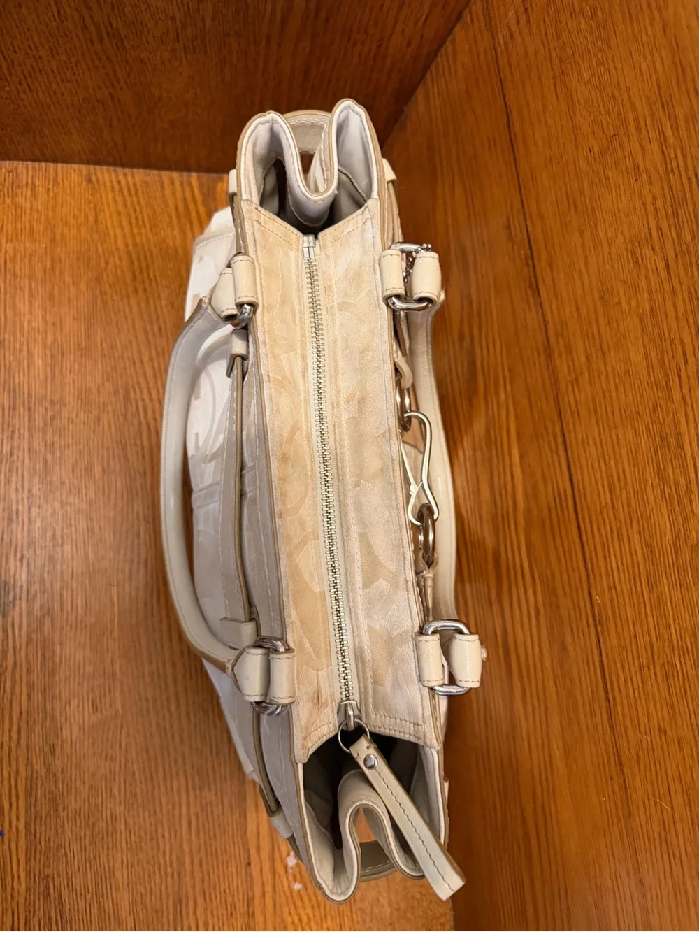 Coach Hampton Optic Signature Carryall Cream & Tan Leather-Trim Satchel Handbag